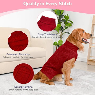 Dog Sweater 2 Pack for Large Dogs, Size XXL, Pink & Red | Stretchy cable knit turtleneck, machine washable, high belly cut, comfy winter fit for Golden Retriever, Labrador