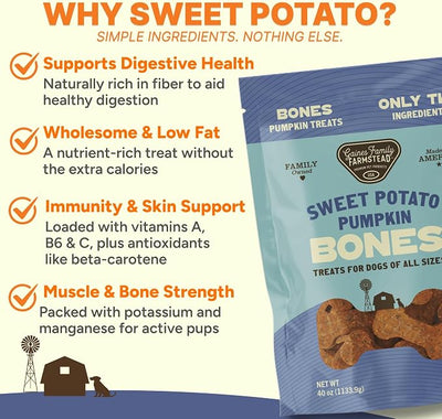 Gaines Family Farmstead Pumpkin & Sweet Potato Dog Bones, 4 Pack - 40 oz Bags, Natural, Grain-Free Dog Treats for Digestive Health & Immunity – High-Fiber, Vitamin-Rich Chews, Made in USA