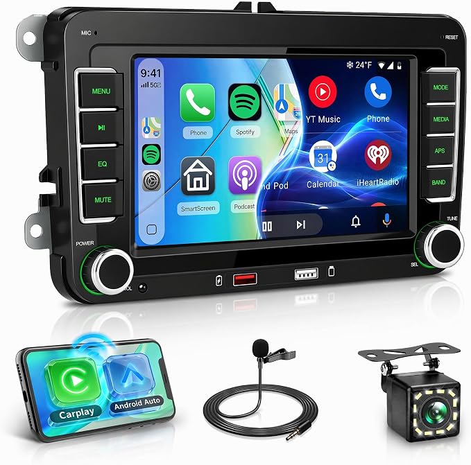 Rimoody Double Din Car Stereo Wireless Carplay Android Auto for VW Passat Golf MK5 MK6 Jetta T5 EOS Seat Sharan, 7'' Car Radio IPS Screen GPS Bluetooth FM/AM/RDS EQ SWC Backup Camera Dual USB Ports