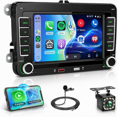 Rimoody Double Din Car Stereo Wireless Carplay Android Auto for VW Passat Golf MK5 MK6 Jetta T5 EOS Seat Sharan, 7'' Car Radio IPS Screen GPS Bluetooth FM/AM/RDS EQ SWC Backup Camera Dual USB Ports