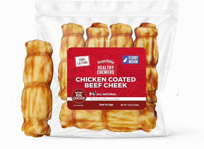 Rewardables Chicken Coated Beef Cheek Rolls for Dogs [5 Inch] — Long Lasting Chew, All Natural, No Artificial Flavors, 5 Pack — Moderate to Aggressive Chewers, Small to Medium Dogs
