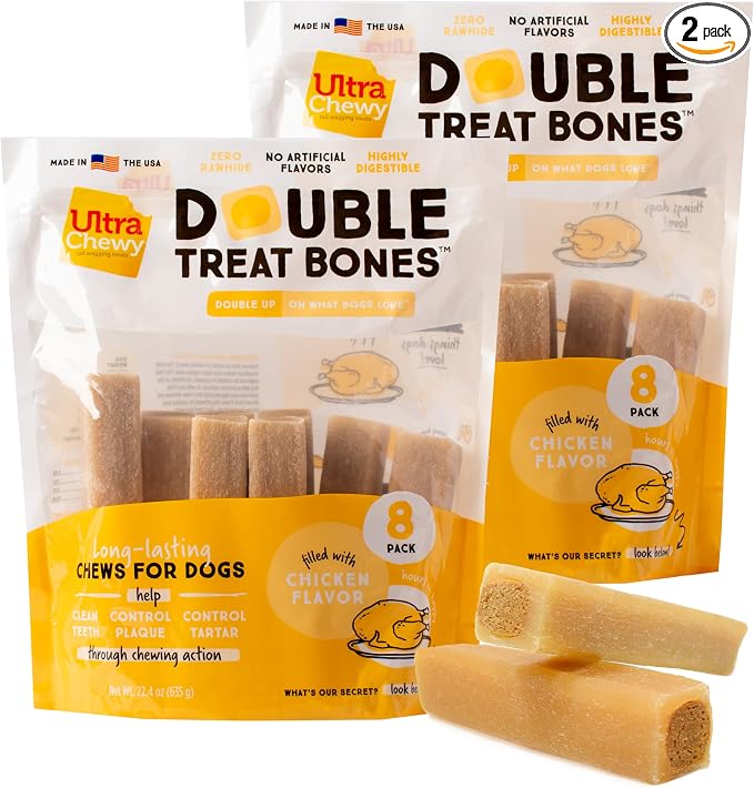 Ultra Chewy Double Treat Bones: Long-Lasting Dog Treats Made in USA for Large and Small Breeds, Highly Digestible, Ideal for Aggressive Chewers (Chicken, 2 Value Packs)