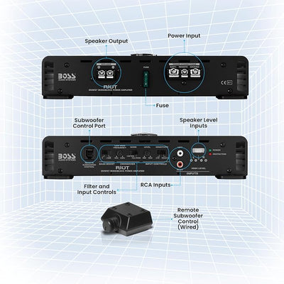 BOSS Audio Systems R1100M-S Monoblock Car Amplifier - 1100 High Output, 2-8 Ohm Stable, Low/High Level Inputs, Low Pass Crossover, MOSFET Power Supply