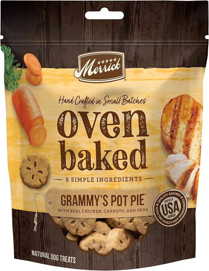Merrick Oven Baked Natural And Crunchy Bag Of Treats, Dog Chicken Treats, Grammy’s Pot Pie With Real Chicken - 11 oz. Bag