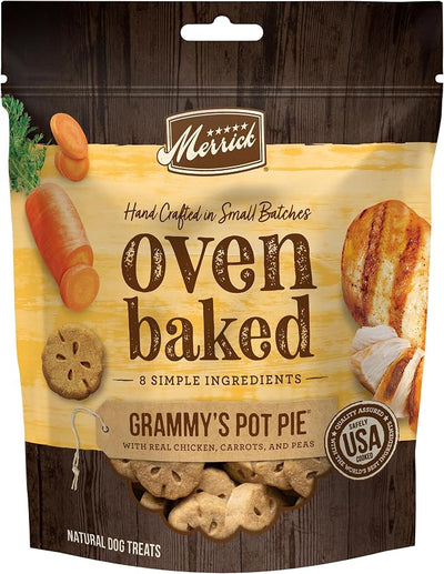 Merrick Oven Baked Natural And Crunchy Bag Of Treats, Dog Chicken Treats, Grammy’s Pot Pie With Real Chicken - 11 oz. Bag
