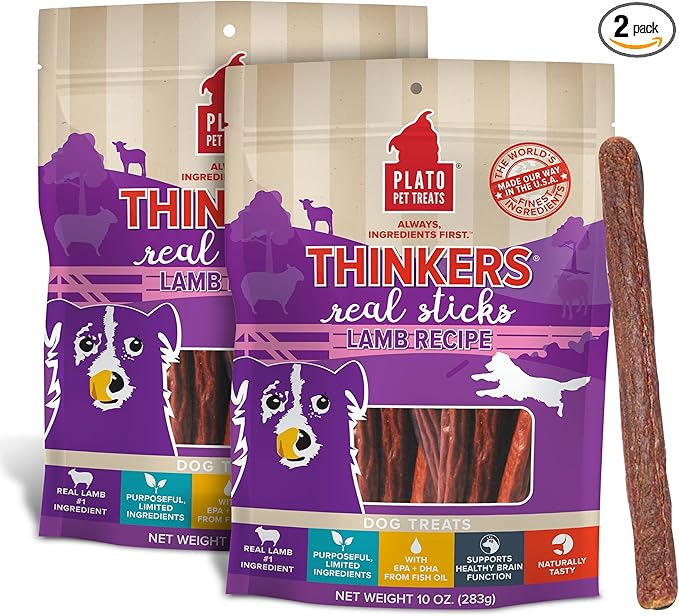 PLATO Pet Treats Thinkers - Meat Stick Treats for Dogs - Limited Ingredient Dog Treats with EPA and DHA to Support Skin, Coat, and Brain - Air-Dried Dog Treats - Thinkers Lamb 10oz - 2 Pack