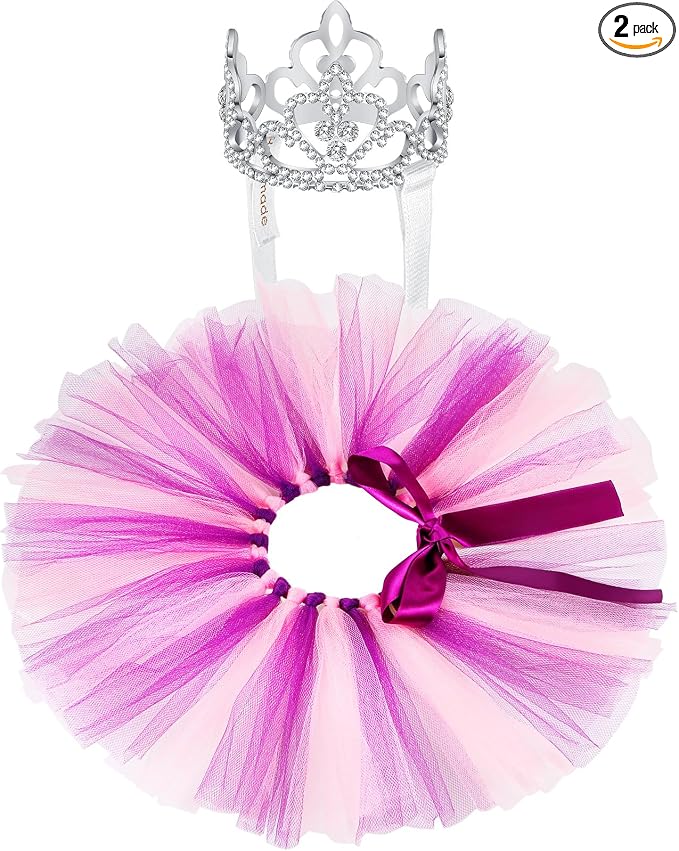 2 Pcs Dog Crown Headband Dog Tutu Dress Set Crystal Rhinestone Tiara Crown Tutu Skirt Pet Dress Costume for Puppy Birthday Party Wedding Photo Prop Costume(X-Large,Pink Purple)