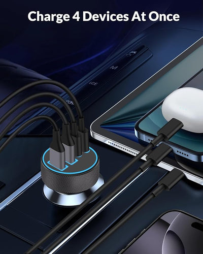 iPhone 17 16 15 Car Charger Fast Charging, 90W 4-Port USB C Fast Car Charger Cigarette Lighter Adapter with 240W 3FT USB-C Cable for iPhone 17/Air/17 Pro/17e/16/15 Pro Max/Plus/16e, iPad, Android