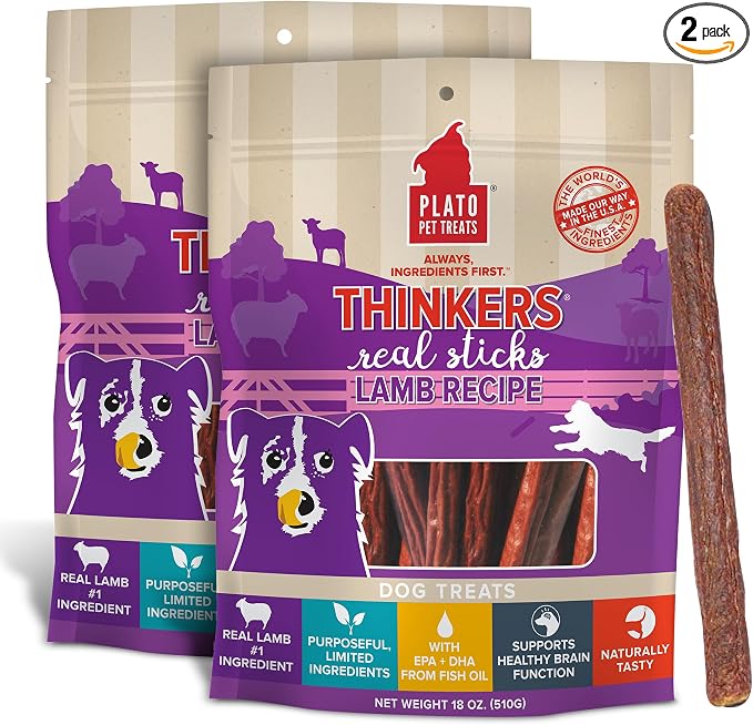 PLATO Pet Treats Thinkers - Meat Stick Treats for Dogs - Limited Ingredient Dog Treats with EPA and DHA to Support Skin, Coat, and Brain - Air-Dried Dog Treats - Thinkers Lamb 18oz - 2 Pack