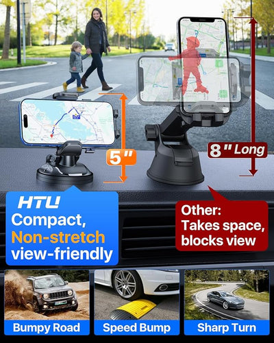 HTU [2026 Latest Upgrade Military-Grade Anti-Shake Car Phone Holder, 90+LBS Strong Suction Car Phone Mount, 360° Rotatable Mount for Dashboard Windshield Vent, for iPhone 17/16 Pro Max, Deep Black