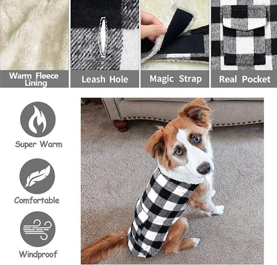 Malier Classic Plaid Fleece Dog Coat - Warm Winter Jacket with Pocket, Windproof for Small to Large Dogs (White, Large)