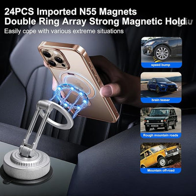 All-Metal Alloy Magnetic Suction Cup Car Phone Mount Holder Dash (Silver) | Strong Powerful Magnetic Heavy-Duty Suction Cup Windshield Dashboard Cell Mobile Phone Mount, Vehicle Bracket Holder for Car