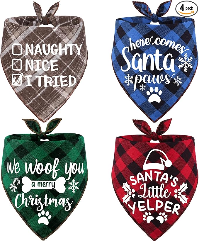 4 Pack Christmas Dog Scarves - Plaid Triangle Bandanas for Small to Large Dogs and Cats - Holiday Pet Accessories Gift Set