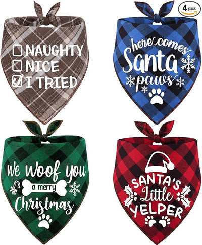 4 Pack Christmas Dog Scarves - Plaid Triangle Bandanas for Small to Large Dogs and Cats - Holiday Pet Accessories Gift Set