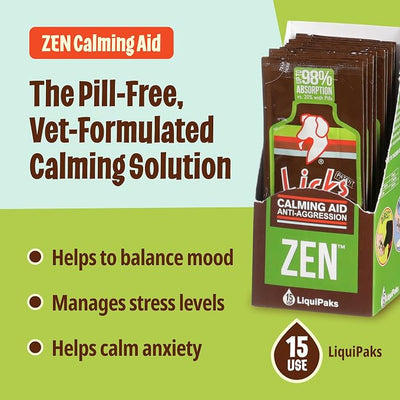 Licks Zen Calming Aid - Calm Behavior & Stress Support for Dogs & Cats - L-Theanine, Chamomile, Ashwagandha & Tryptophan - Pill-Free Gel Packets - Chicken Flavor - 15 Packets
