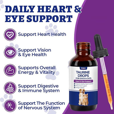 Wellix 4 oz (120 ML) Liquid Taurine Drops for Cats & Dogs, Cat & Dog Supplements & Vitamins for Heart & Vision & Immune Support, Large Bottle Taurine for Multi-Pet Households