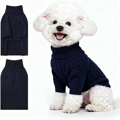 Small Dog Thermal Pullover Sweater, Classic Turtleneck Cable Knitwear Dog Clothes for Cold Weather Warm Pet Clothes for Chihuahua, Bulldog, Dachshund, Pug Navy Medium