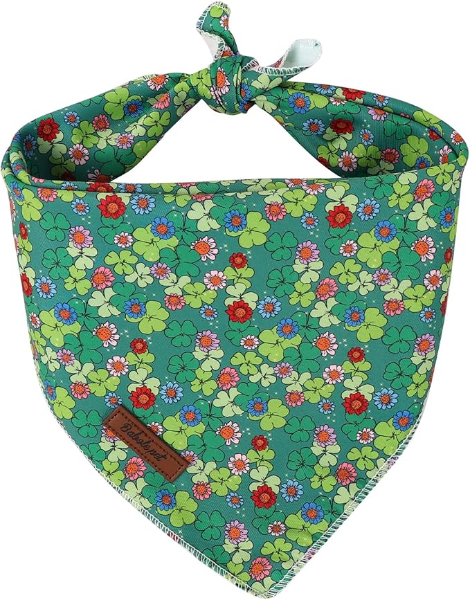 St. Patrick‘s Day Dog Bandana - Green Flower Shamrock Dog Neck Scarf, Soft Pet Bib for Medium Large Dogs, Holiday Photo Dogs Cats Prop for Daily Use Parties & Pet Photography L