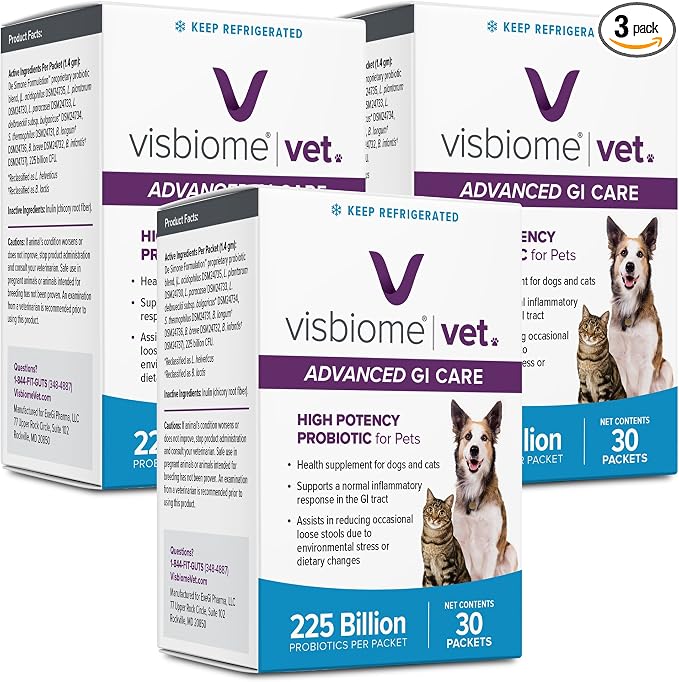 Visbiome® Vet Advanced GI Care High Potency Probiotic for Dogs & Cats – 225B CFU, 8-Strain Formula – Refrigerated, Veterinarian Recommended, Clean Label Certified – 90 Packets