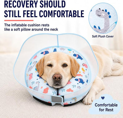 Inflatable Dog Cone Collar for Large Medium Small Dogs, Soft Dog Donut Collar Adjustable Recovery Cone for Pets After Surgery, Extra Enhanced Anti-Licking Guard Shield (Dinosaur, Small)