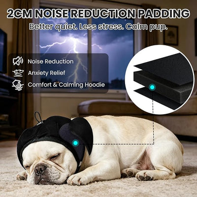 LIANZIMAU 2CM Noise Reduction Padding Dog Ear Muffs Noise Protection Comfort Calming Hoodie for Fireworks Anxiety Adjustable Dog Ear Covers for Grooming with Elastic Eye Strap Polyester