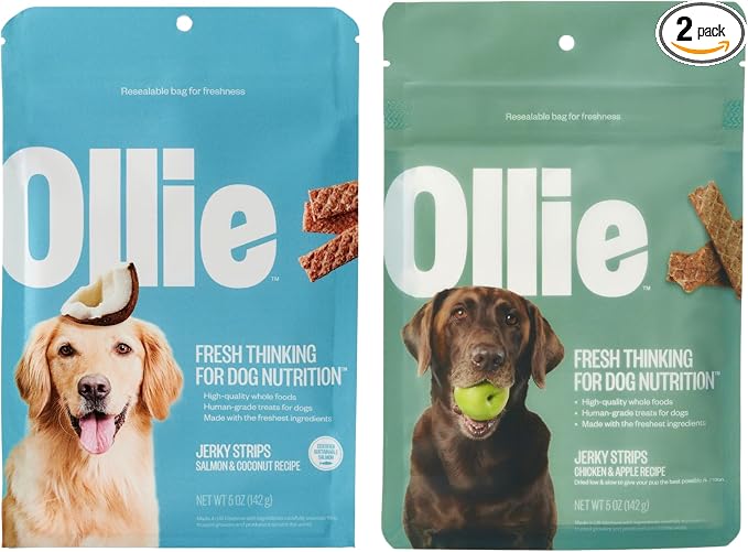 Ollie Jerky Dog Treats Variety Pack, Chicken and Apple & Salmon and Coconut Bundle, All Natural, Healthy, Made with Real Meat 5 Oz. Pack of 2