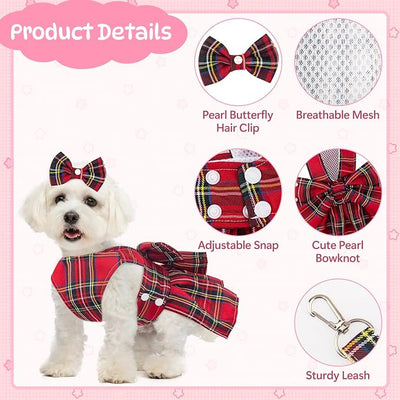 Coppthinktu Plaid Dog Dresses for Small Dogs Girl Bowknot Harness Leash Set, Cute Small Dog Dress Harness Cat Clothes Female with Pearl Bow Hair Clip, Summer Puppy Dress Yorkies Chihuahua Outfits
