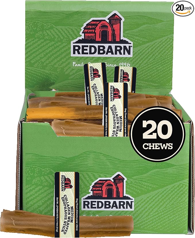 Redbarn Pet Products Medium Collagen-Wrapped Esophagus Sticks Case of 20 100% Natural Grain-Free Gluten-Free Dog Training Treats for Pet Health Alternative to Traditional Rawhide
