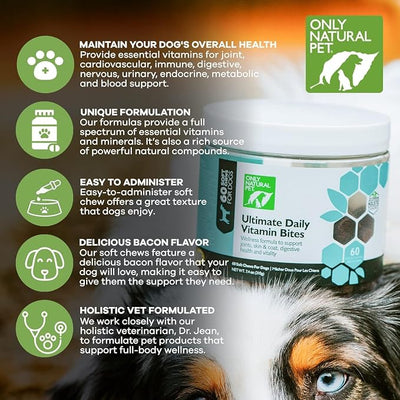 Only Natural Pet Ultimate Daily Vitamins - Complete Multivitamin Supplement for Dogs Balanced Health & Vitality - Senior Small & Large Canine Food Immune Digestive Support -60 Soft Chews (Pack of 2)