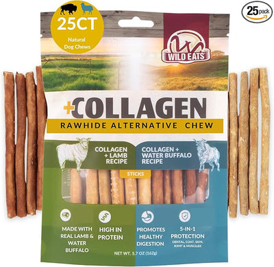 Wild Eats Lamb and Water Buffalo Collagen Sticks for Dogs (25 Pack, 0.6 cm Wide) Long Lasting Dog Chews No Hide Dog Treat Bully Stick Alternative, Rawhide Free, Grain Free, High Protein