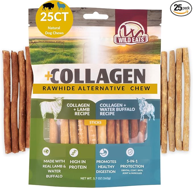 Wild Eats Lamb and Water Buffalo Collagen Sticks for Dogs (25 Pack, 0.6 cm Wide) Long Lasting Dog Chews No Hide Dog Treat Bully Stick Alternative, Rawhide Free, Grain Free, High Protein