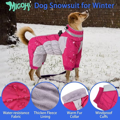 MIGOHI Full Body Dog Coat，Warm Coats for Medium Dogs | Reflective Winter Coat for Dogs with Harness,Turtleneck Dog Snowsuit with Legs,Windproof Pet Fleece Puffer Jacket,XL,Rosered