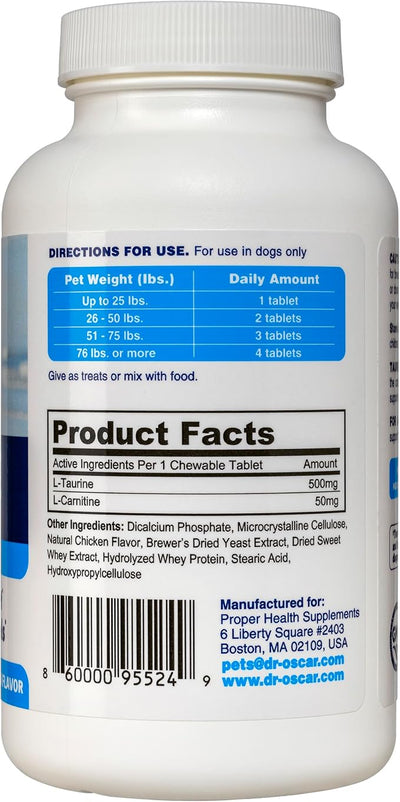 Taurine Supplement for Dogs Meets RDA of 500 mg per 25lbs Weight Unlike Most Alternatives, 120ct, Helps Maintain Dog Heart Health, Normal Function of the Cardiac Muscle & Normal Blood Flow