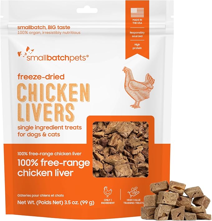 smallbatch Freeze Dried Dog Treats, Chicken Liver Treats for Dogs & Cats, High Protein, Single Ingredient Dog Treat for Training or Food Topper, Natural, Humanely Sourced Meat, Made in the USA, 3.5 oz