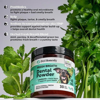 Dog Breath Freshener Dental Powder - Teeth Cleaning Plaque Off + Tartar Remover for Dogs - Care Supplement Food Topper with Kelp, HMP + Postbiotics for Healthy Gums - Mint Flavor (60 Servings)