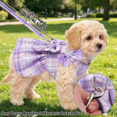 Dog Plaid Dress Harness and Leash Set with Pearls Bow Adjustable Puppy Dress Mesh Vest Bow Knot Pet Clothes for Cute Small Girl Dog Cat (Purple&White, Small)
