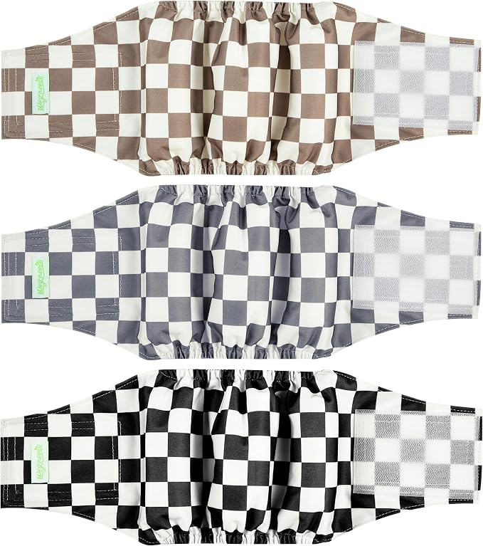 wegreeco Washable Male Dog Belly Band (Stylish Pattern)- Pack of 3 - Washable Male Dog Belly Wrap, Dog Diapers Male (Black, Grey, Dark Coffee Checkerboard, XX-Large)