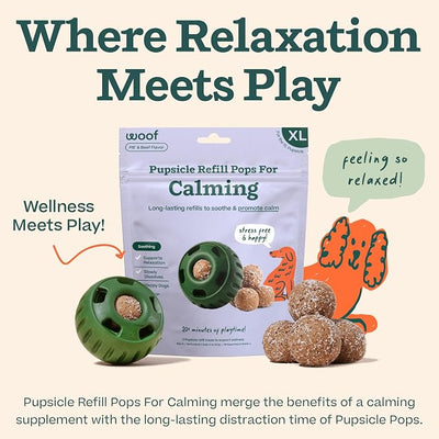WOOF Pupsicle Calming Starter Kit - Pupsicle and Calming Pops Bundle - Long-Lasting Interactive Dog Toy, Low-Mess Design - 5 Refills with Thiamine, Tryptophan, Passion Flower for XL Dogs 75 lbs and U