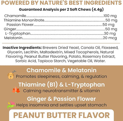 Calming Chews for Dogs - 30 Peanut Butter Melatonin Dog Sleep Aid & Calming Dog Treats with Thiamine, L-Tryptophan & Ginger