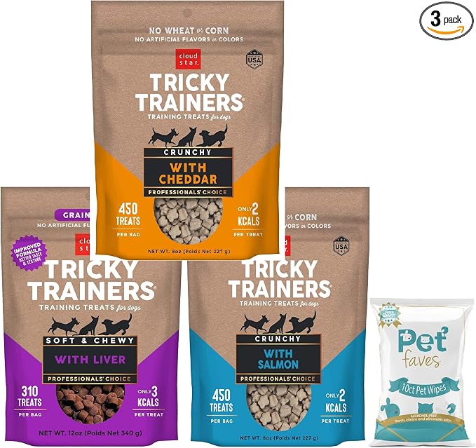 (3 Pack) Cloud Star Tricky Trainers Crunchy Low Calorie Training Dog Treat 14 oz, Cheddar, Liver, and Salmon with 10ct Pet Wipes