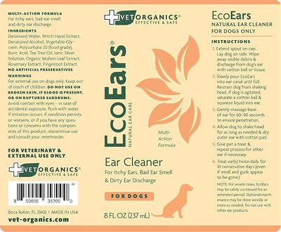 EcoEars Dog Ear Cleaner – Natural Multi-Action Formula for Ear Infection, Bad Discharge & Odor – Removes Foreign Matter & Cleans Difficult Ears - 8fl oz.