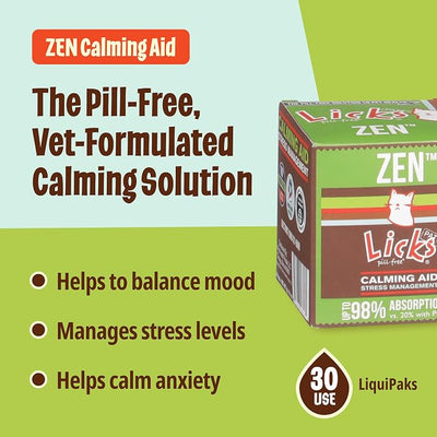Licks Zen - Stress & Behavior Support for Cats - L-Theanine, Tryptophan, Ashwagandha & Eleuthero - Pill-Free Liquid Packets - Chicken & Liver Flavor - 30 Packets