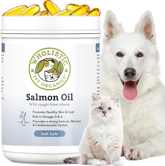 Wholistic Pet Organics Salmon Oil: Deep Sea Wild Alaskan Salmon Oil for Dogs - Omega 3 Dog Fish Oil with EPA and DHA for Skin, Coat, Heart and Nervous System Health (500 Capsules)