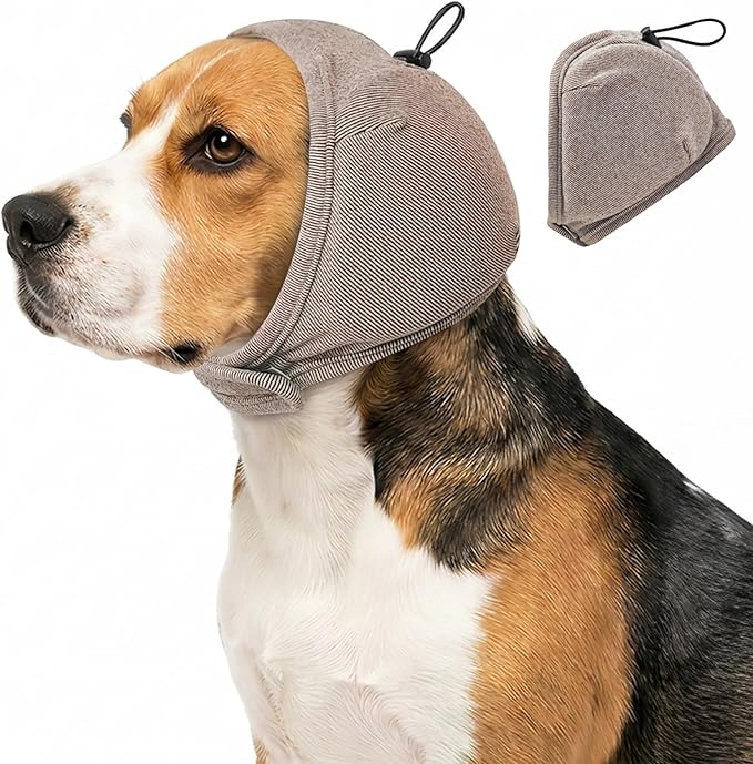 JOHNBOLIN Dog Ear Muffs - No Shake Ear Wrap & Quiet Calming Hoodie, Adjustable Head Snood Cover for Dogs, Noise & Anxiety Relief, Hematoma Protection for Grooming, Drying, Fireworks (Light Brown, L)
