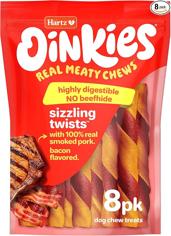 Oinkies Porkalicious Smoked Pig Skin Twists Bacon Flavored Dog Treats, 8 Count
