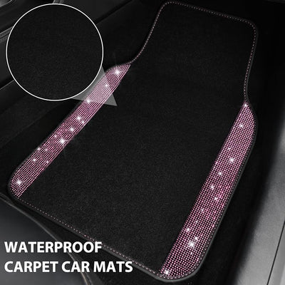 CAR PASS Bling Diamond Car Floor Mat Shining Rhinestones Carpet, Sparkly Glitter Crystal Anti-Slip PVC Heel Pad Automotive Universal Fit for SUV Sedan Car Van, 4pcs for Girl Cute Women, Black Pink