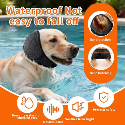 NEW Dog Ear Muffs Noise Protection Anxiety Relief for Fireworks Thunder, No Flap Ear Wrap Ear Covers for Bathing Swimming Grooming, Waterproof Elastic Adjustable Dog Snood Comfortable & Quiet(Grey, L)