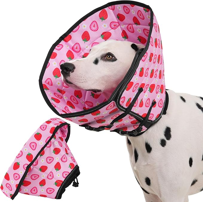Avont Dog Cone Alternative, Adjustable Soft Comfy Foldable E Cones for Medium Large Dogs After Surgery, Escape-Proof Elizabethan Collar for Surgical Wound Recovery Stop Licking -Strawberry(XL)