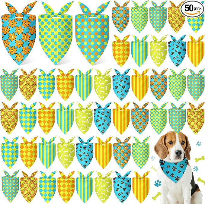 Weewooday 50 Pcs Cartoon Dog Bandana Bulk for Hippie Paw Print Flower Adventure Cute Soft Triangle Dog Bibs Summer Theme Birthday Party Supplies for Small Medium Large Costume 25.6 x 17.7 x 17.7 Inch