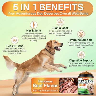 Puyrzoe 5-in-1 Dog Flea and Tick Treatment Chewable, Natural Flea and Tick Prevention for Dogs Chewable - Flea & Tick | Hip & Joint | Skin & Coat | Immunity Support | Digestive for All Breeds & Sizes